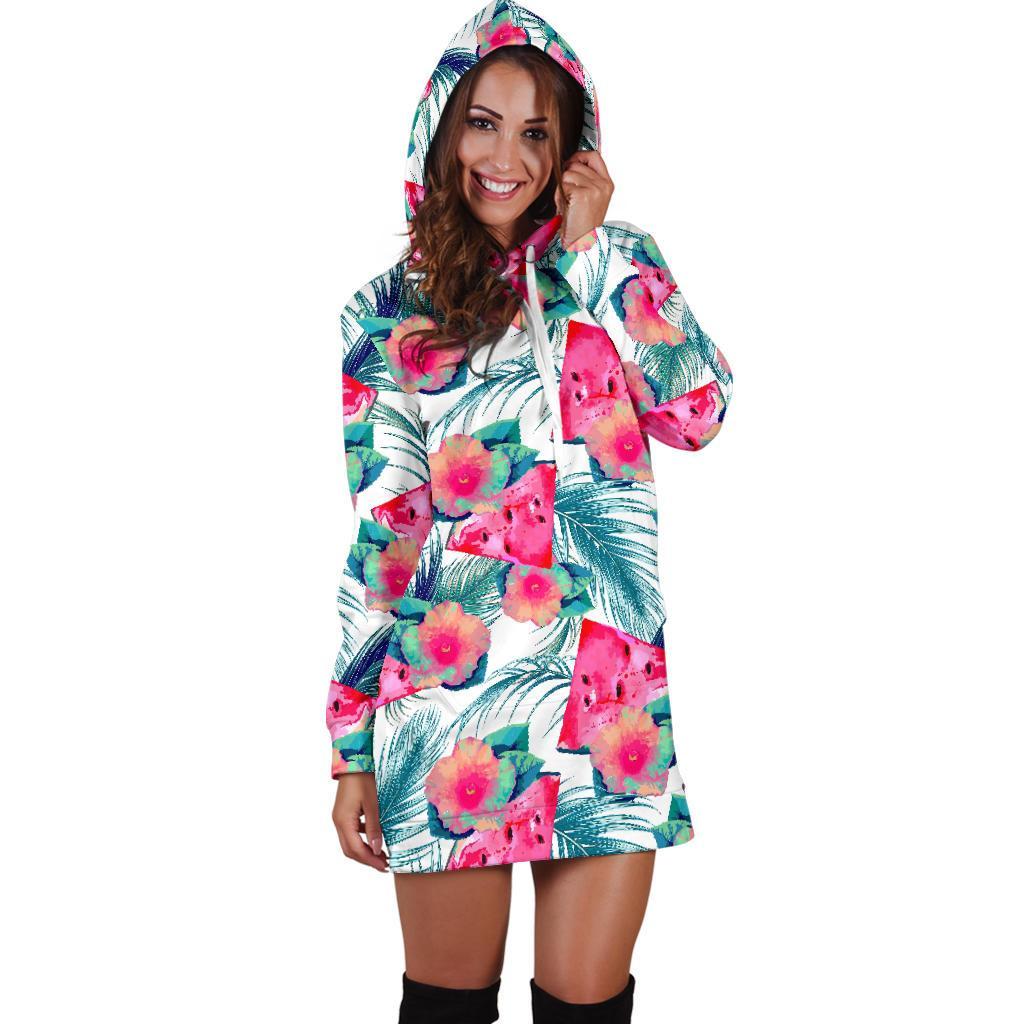 Watermelon Teal Hawaiian Pattern Print Hoodie Dress GearFrost