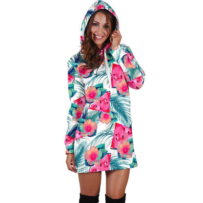 Watermelon Teal Hawaiian Pattern Print Hoodie Dress GearFrost