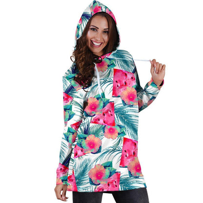 Watermelon Teal Hawaiian Pattern Print Hoodie Dress GearFrost
