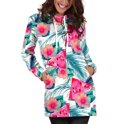 Watermelon Teal Hawaiian Pattern Print Hoodie Dress GearFrost