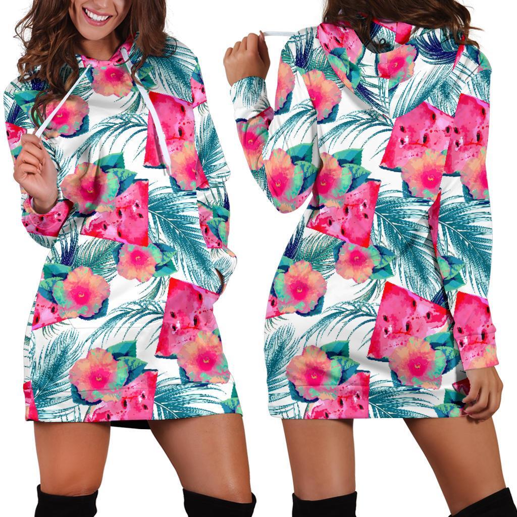 Watermelon Teal Hawaiian Pattern Print Hoodie Dress GearFrost