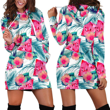 Watermelon Teal Hawaiian Pattern Print Hoodie Dress GearFrost