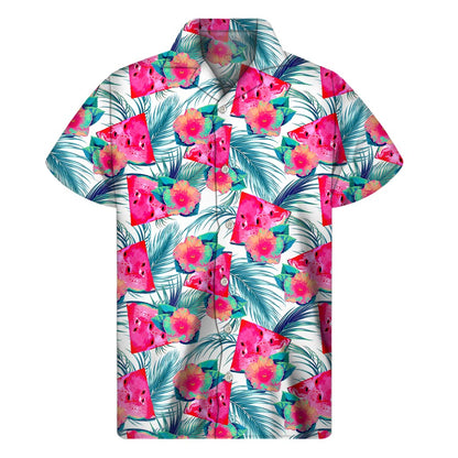 Watermelon Teal Hawaiian Pattern Print Men's Short Sleeve Shirt