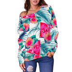 Watermelon Teal Hawaiian Pattern Print Off Shoulder Sweatshirt GearFrost