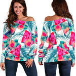 Watermelon Teal Hawaiian Pattern Print Off Shoulder Sweatshirt GearFrost