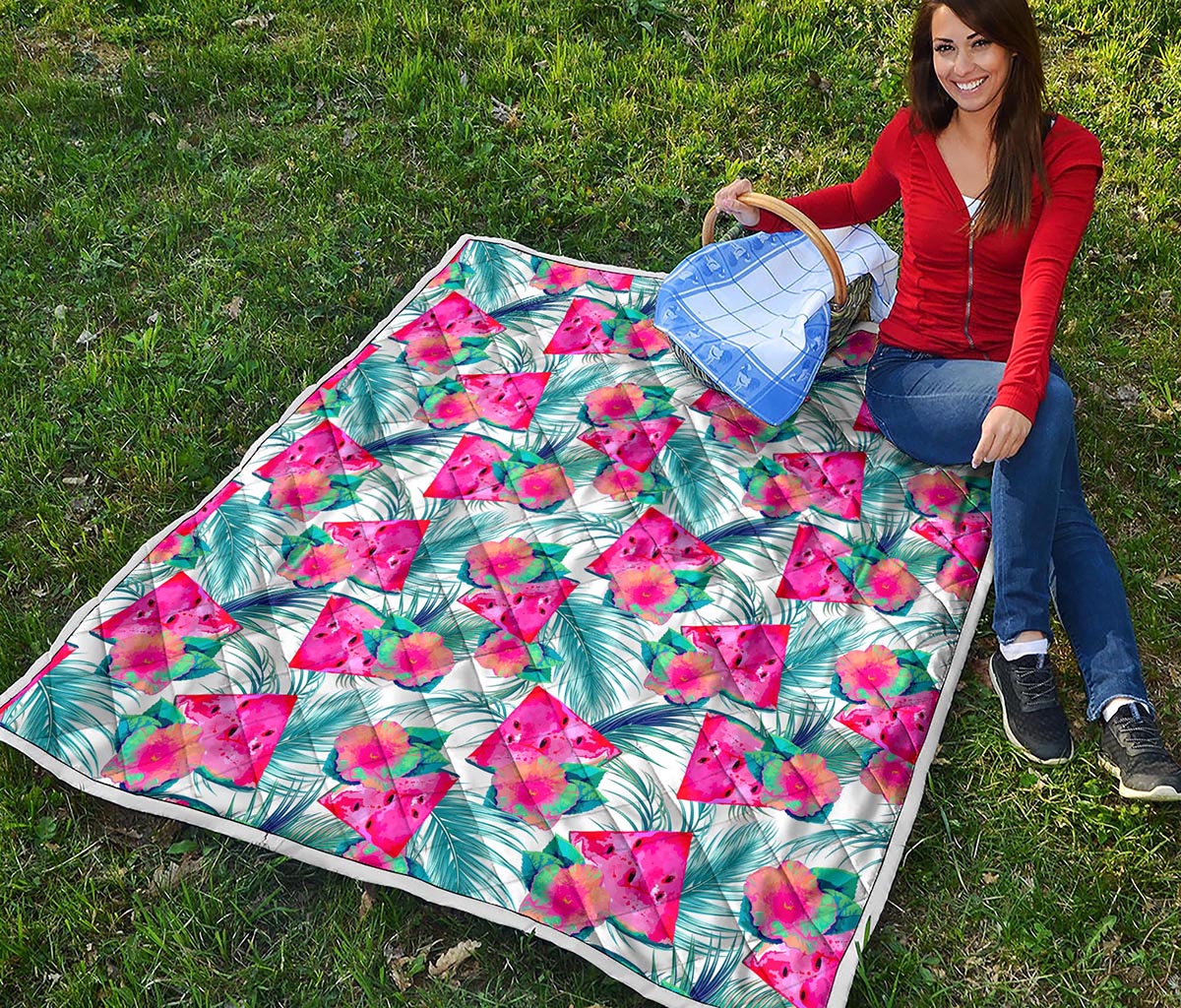 Watermelon Teal Hawaiian Pattern Print Quilt