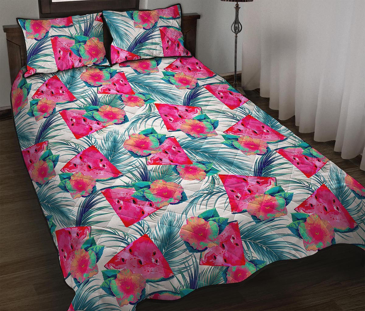 Watermelon Teal Hawaiian Pattern Print Quilt Bed Set