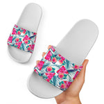 Watermelon Teal Hawaiian Pattern Print White Slide Sandals
