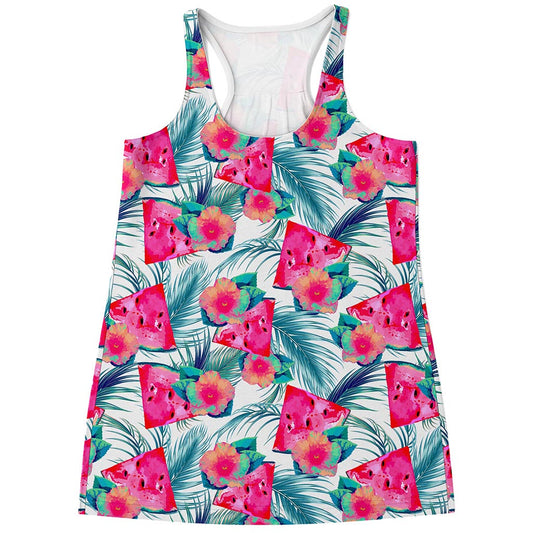 Watermelon Teal Hawaiian Pattern Print Women's Racerback Tank Top