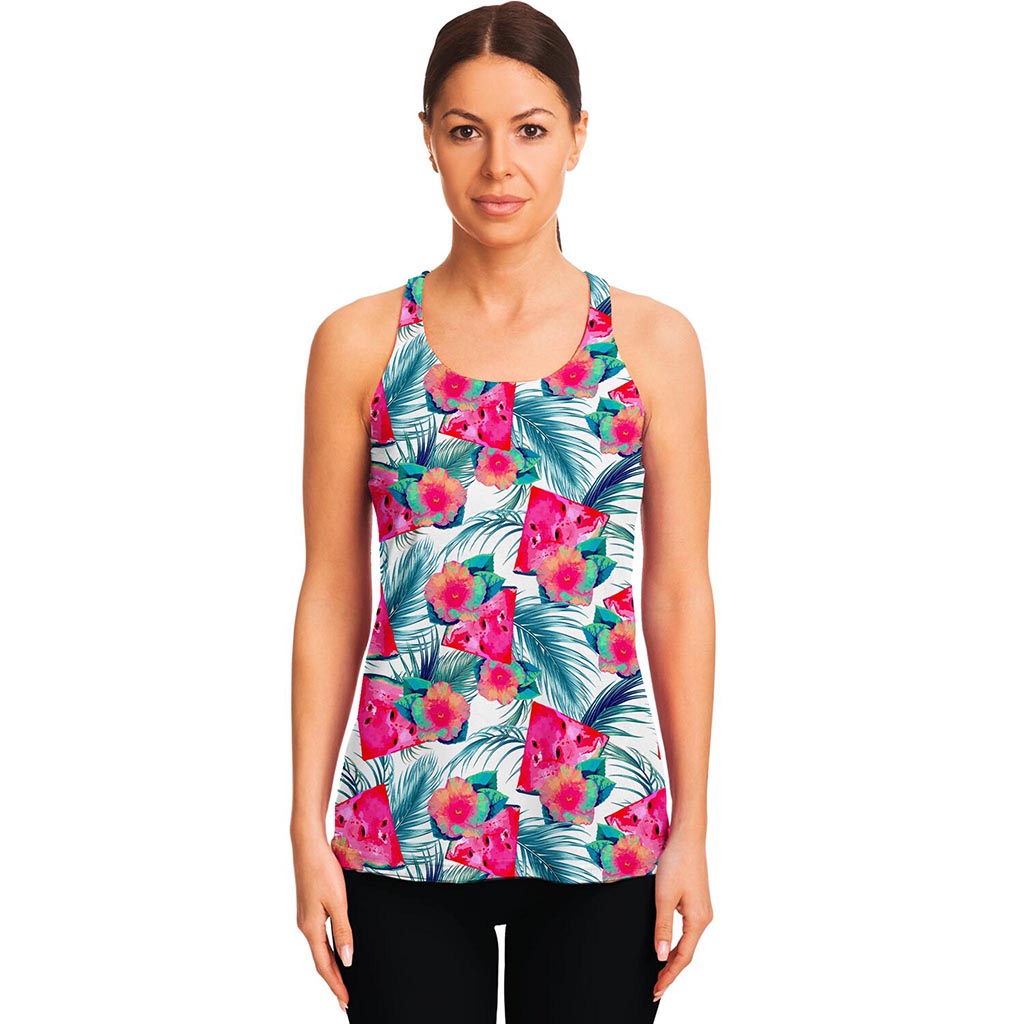 Watermelon Teal Hawaiian Pattern Print Women's Racerback Tank Top