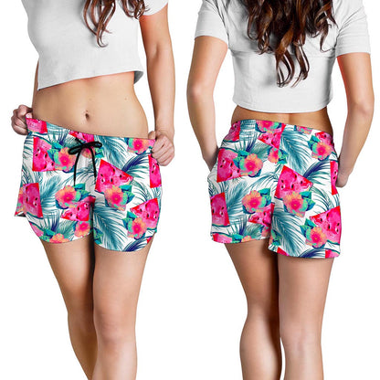 Watermelon Teal Hawaiian Pattern Print Women's Shorts