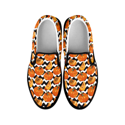 Wave Pumpkin Pattern Print Black Slip On Shoes