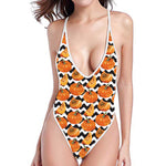 Wave Pumpkin Pattern Print One Piece High Cut Swimsuit