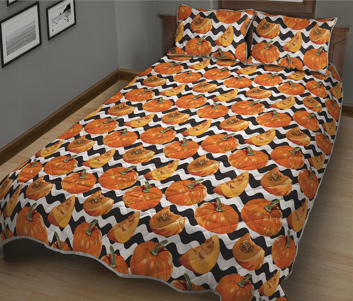 Wave Pumpkin Pattern Print Quilt Bed Set