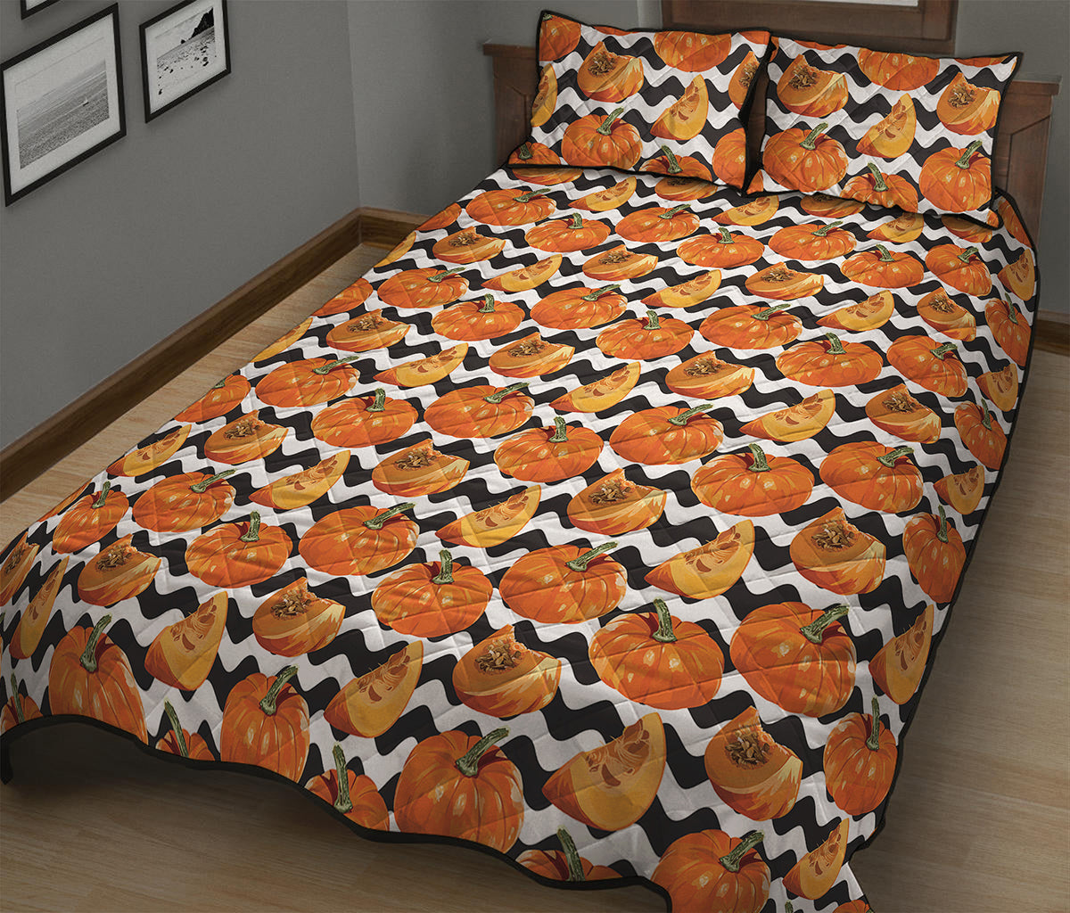 Wave Pumpkin Pattern Print Quilt Bed Set