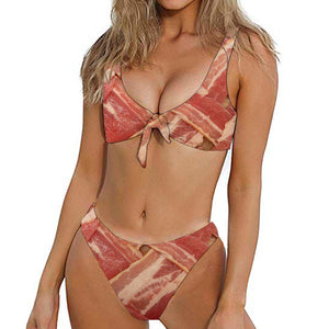 Weaving Bacon Print Front Bow Tie Bikini