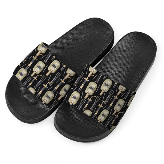 Welding Mask Pattern Print Black Slide Sandals