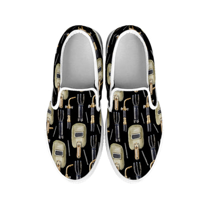 Welding Mask Pattern Print White Slip On Shoes
