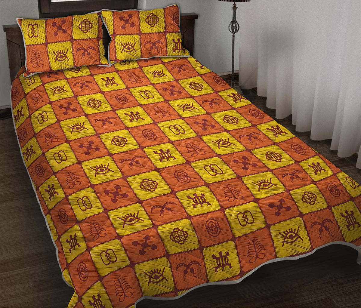 West Adinkra Symbols Pattern Print Quilt Bed Set