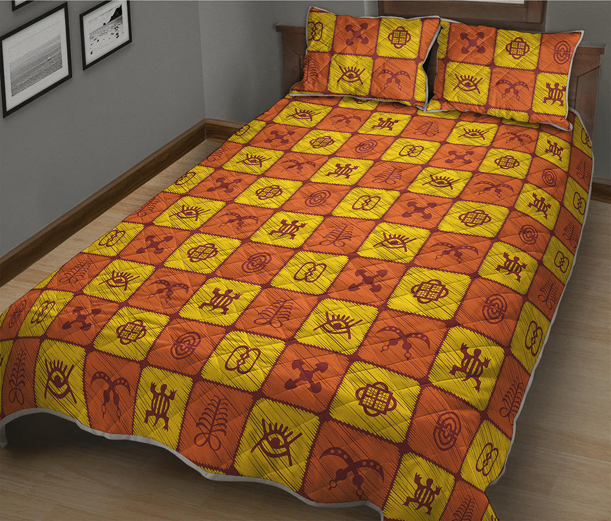 West Adinkra Symbols Pattern Print Quilt Bed Set