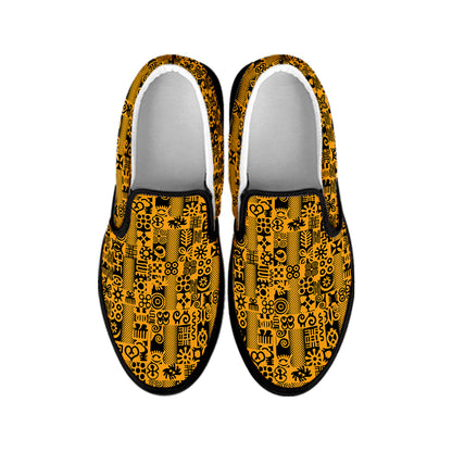 West African Adinkra Tribe Symbols Black Slip On Shoes