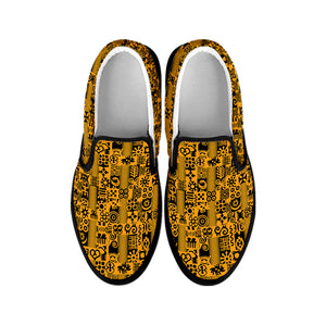 West African Adinkra Tribe Symbols Black Slip On Shoes