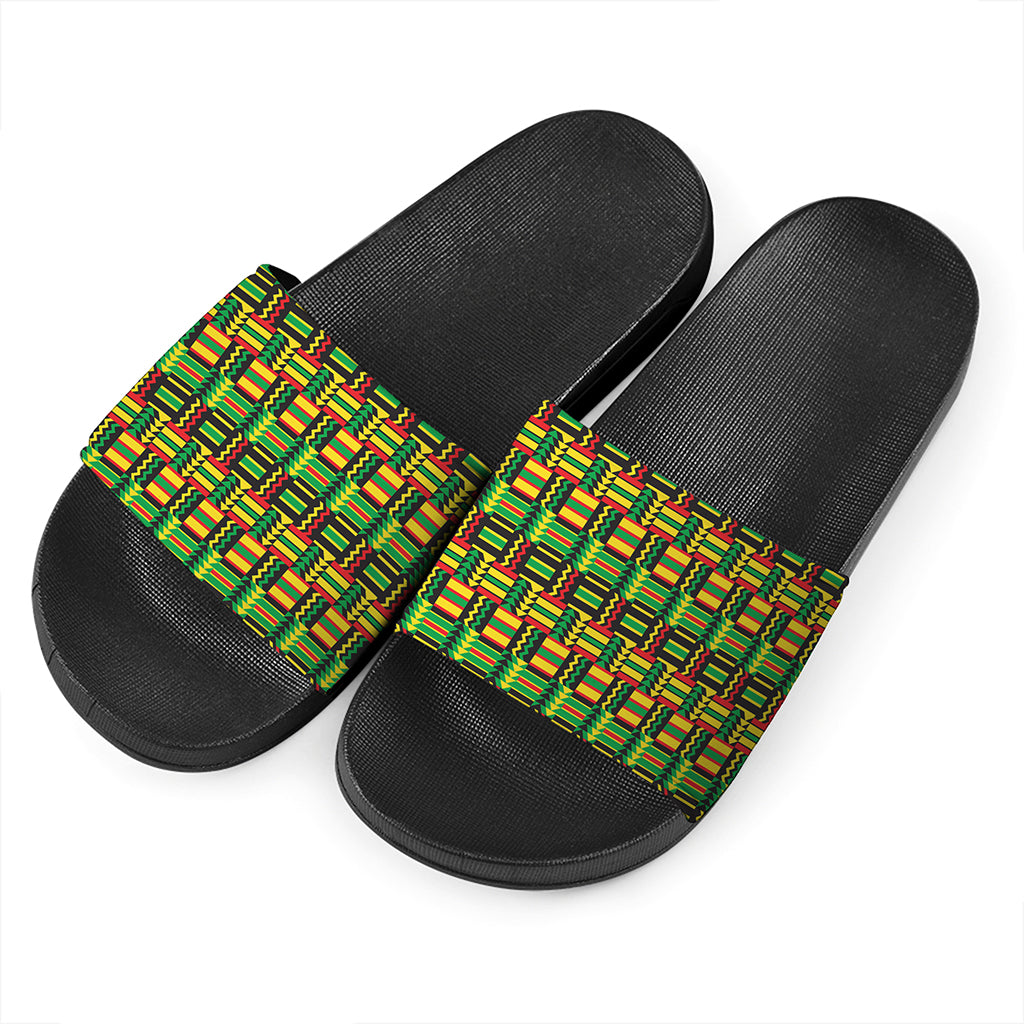 West African Kente Tribal Pattern Print Black Slide Sandals