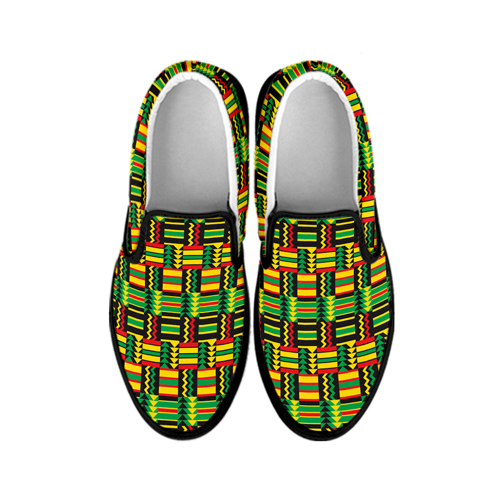 West African Kente Tribal Pattern Print Black Slip On Shoes