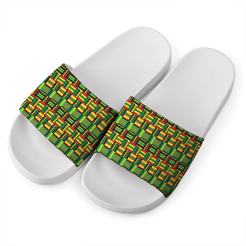 West African Kente Tribal Pattern Print White Slide Sandals