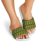 West African Kente Tribal Pattern Print White Slide Sandals