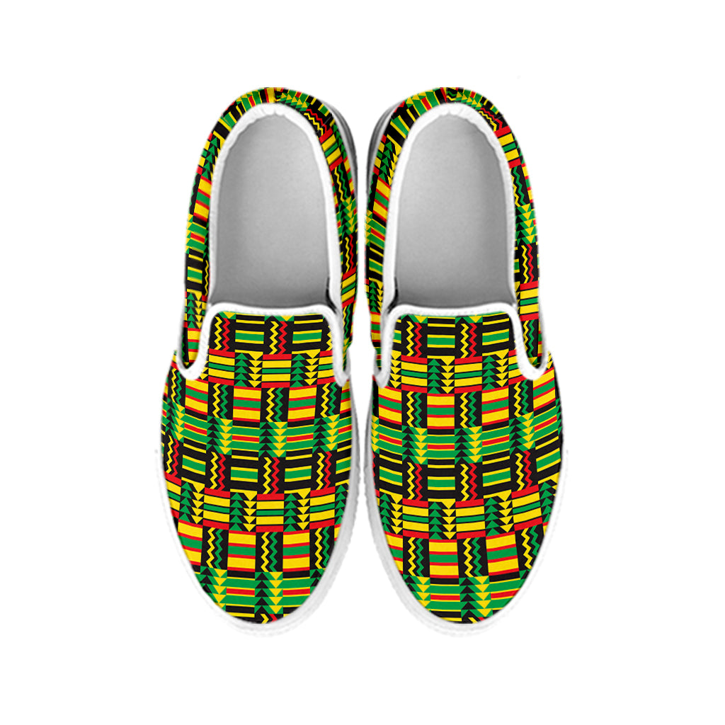 West African Kente Tribal Pattern Print White Slip On Shoes