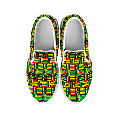 West African Kente Tribal Pattern Print White Slip On Shoes