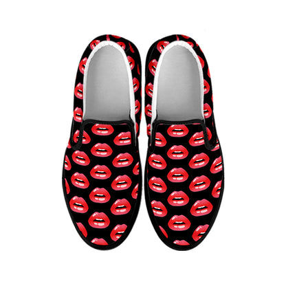 Wet Lips Pattern Print Black Slip On Shoes