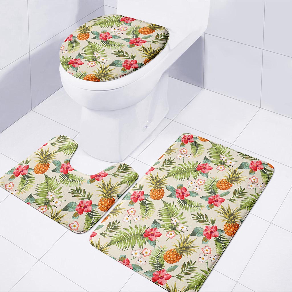 White Aloha Pineapple Pattern Print 3 Piece Bath Mat Set