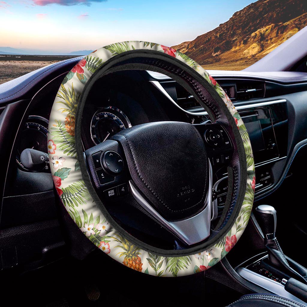 White Aloha Pineapple Pattern Print Car Steering Wheel Cover