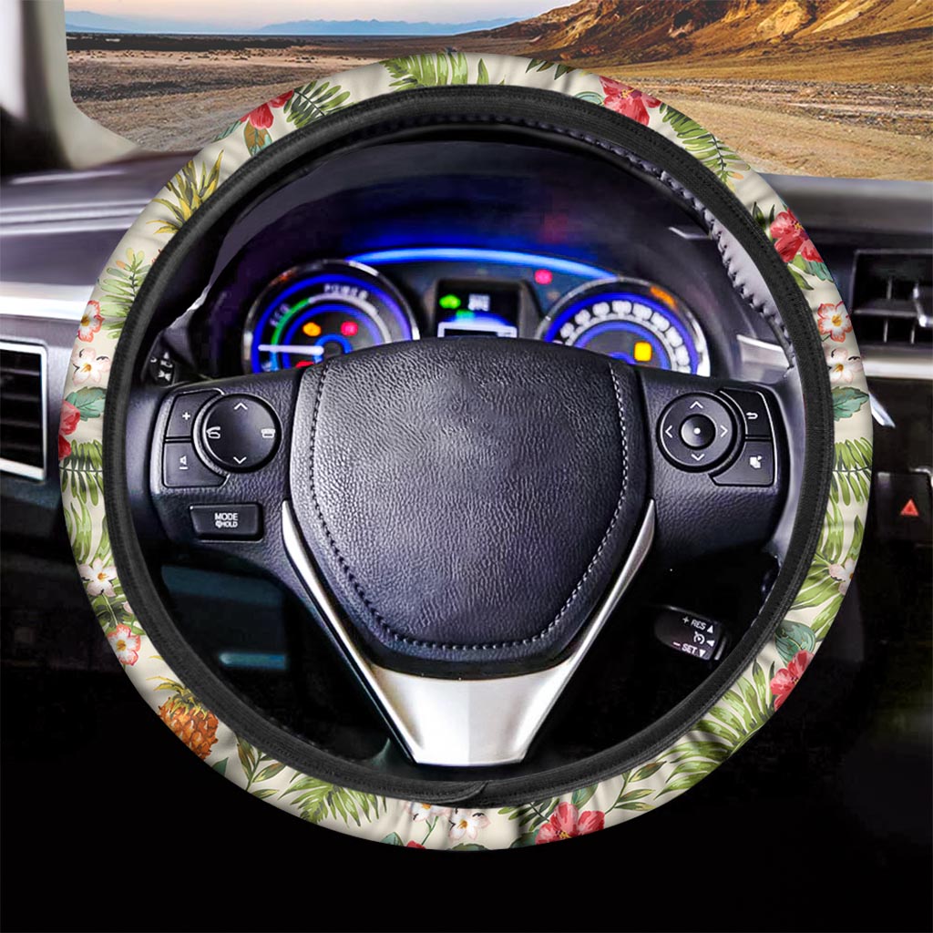 White Aloha Pineapple Pattern Print Car Steering Wheel Cover