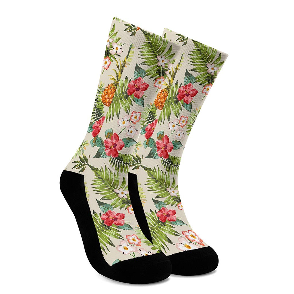 White Aloha Pineapple Pattern Print Crew Socks