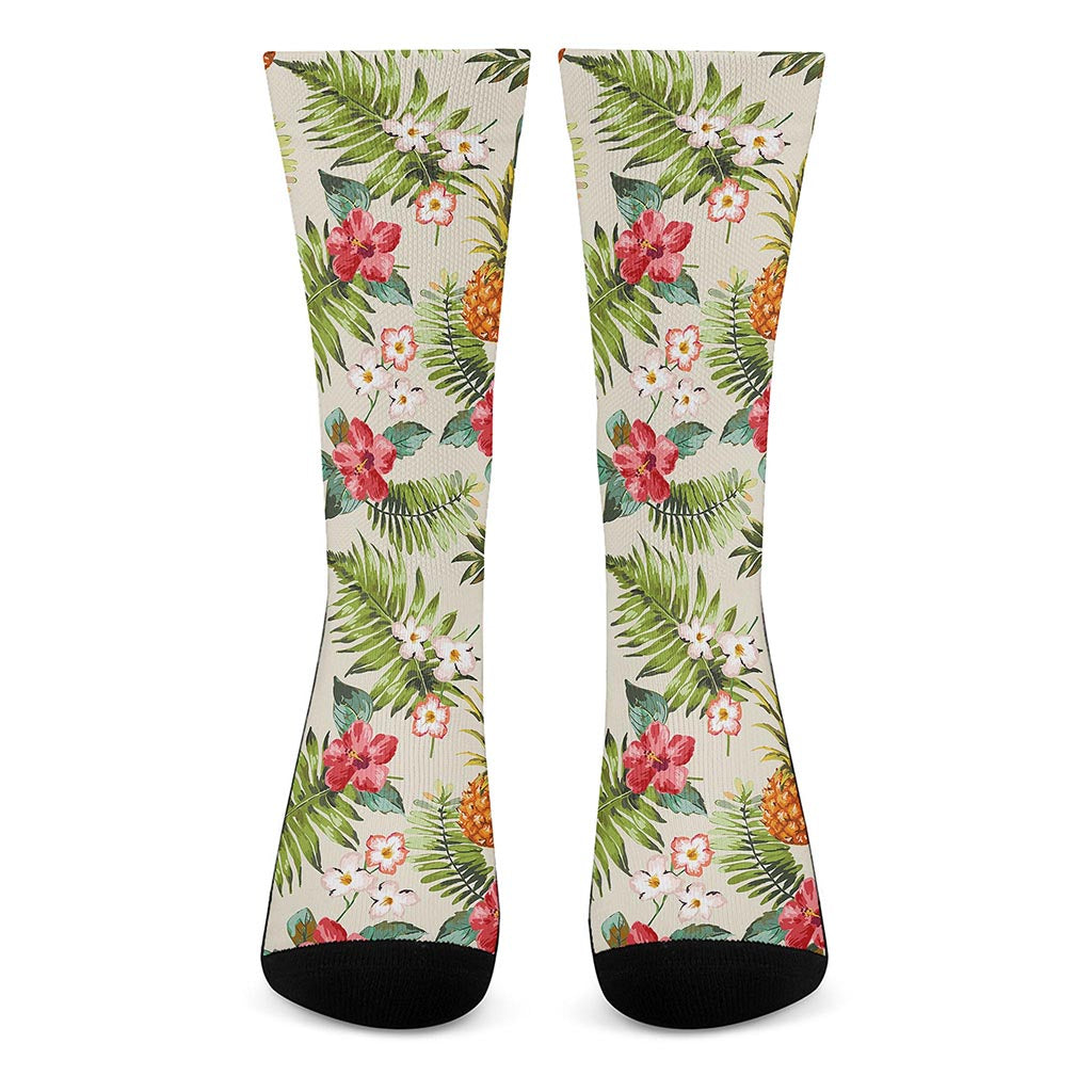 White Aloha Pineapple Pattern Print Crew Socks