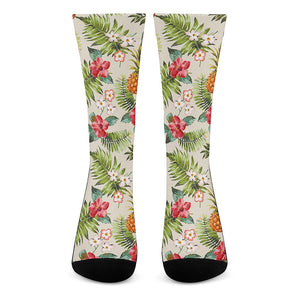 White Aloha Pineapple Pattern Print Crew Socks