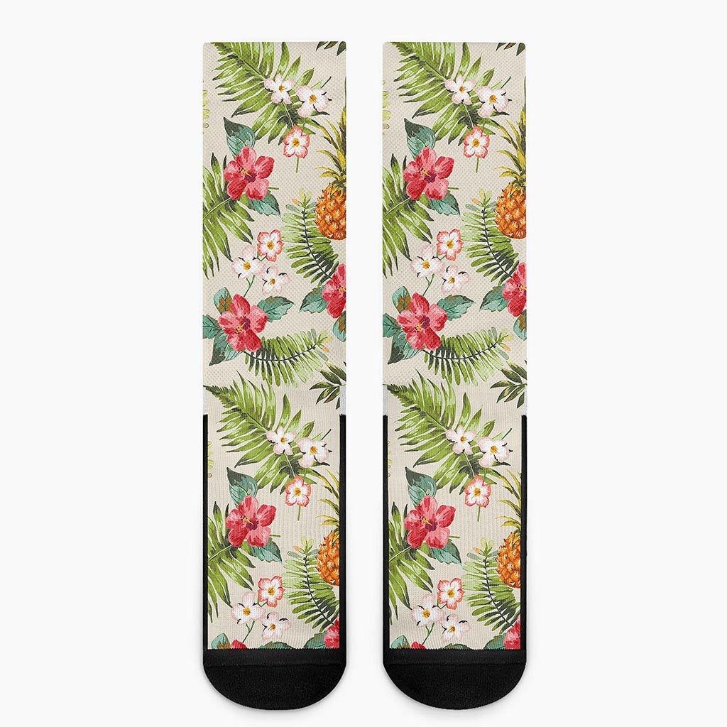 White Aloha Pineapple Pattern Print Crew Socks