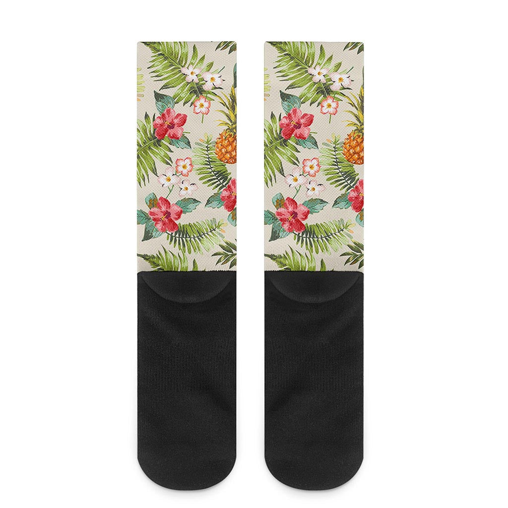 White Aloha Pineapple Pattern Print Crew Socks