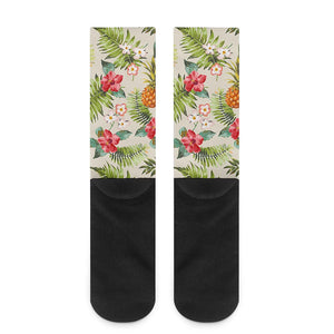 White Aloha Pineapple Pattern Print Crew Socks