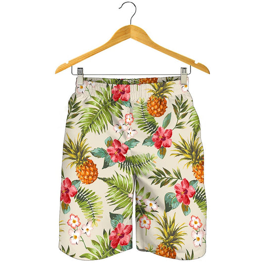 White Aloha Pineapple Pattern Print Men's Shorts
