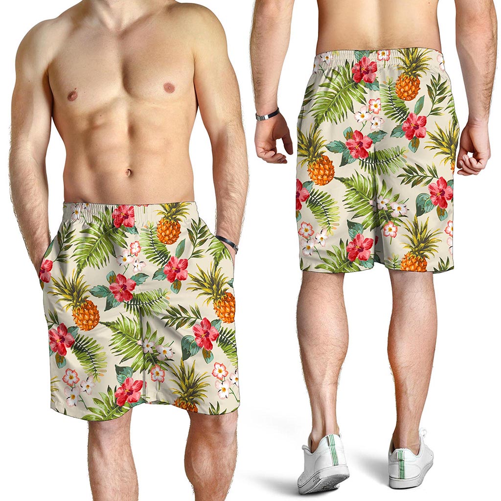 White Aloha Pineapple Pattern Print Men's Shorts