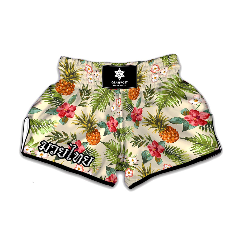 White Aloha Pineapple Pattern Print Muay Thai Boxing Shorts