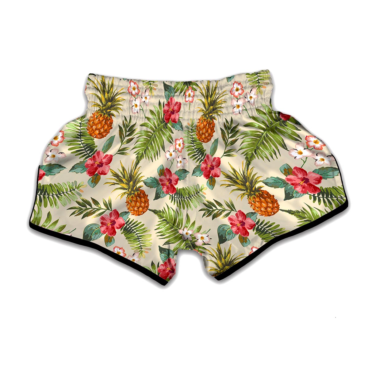 White Aloha Pineapple Pattern Print Muay Thai Boxing Shorts