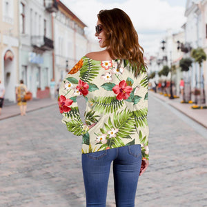 White Aloha Pineapple Pattern Print Off Shoulder Sweatshirt GearFrost