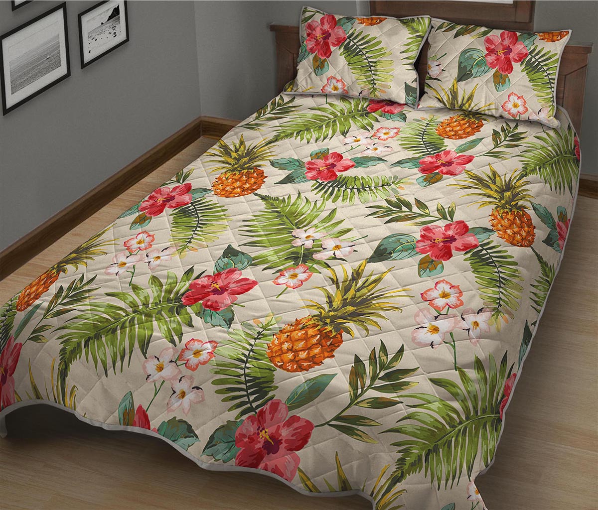 White Aloha Pineapple Pattern Print Quilt Bed Set