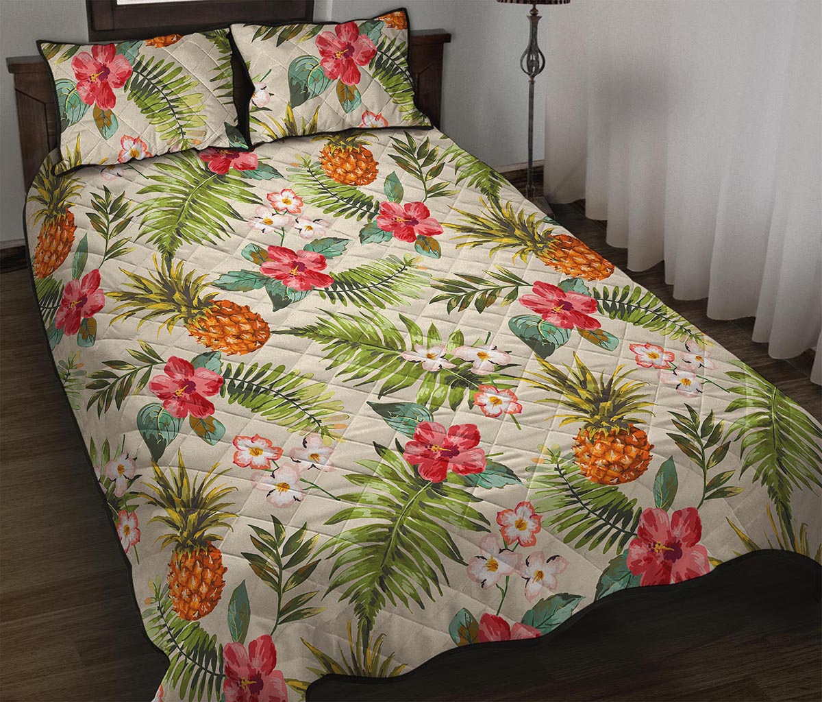 White Aloha Pineapple Pattern Print Quilt Bed Set