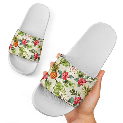 White Aloha Pineapple Pattern Print White Slide Sandals